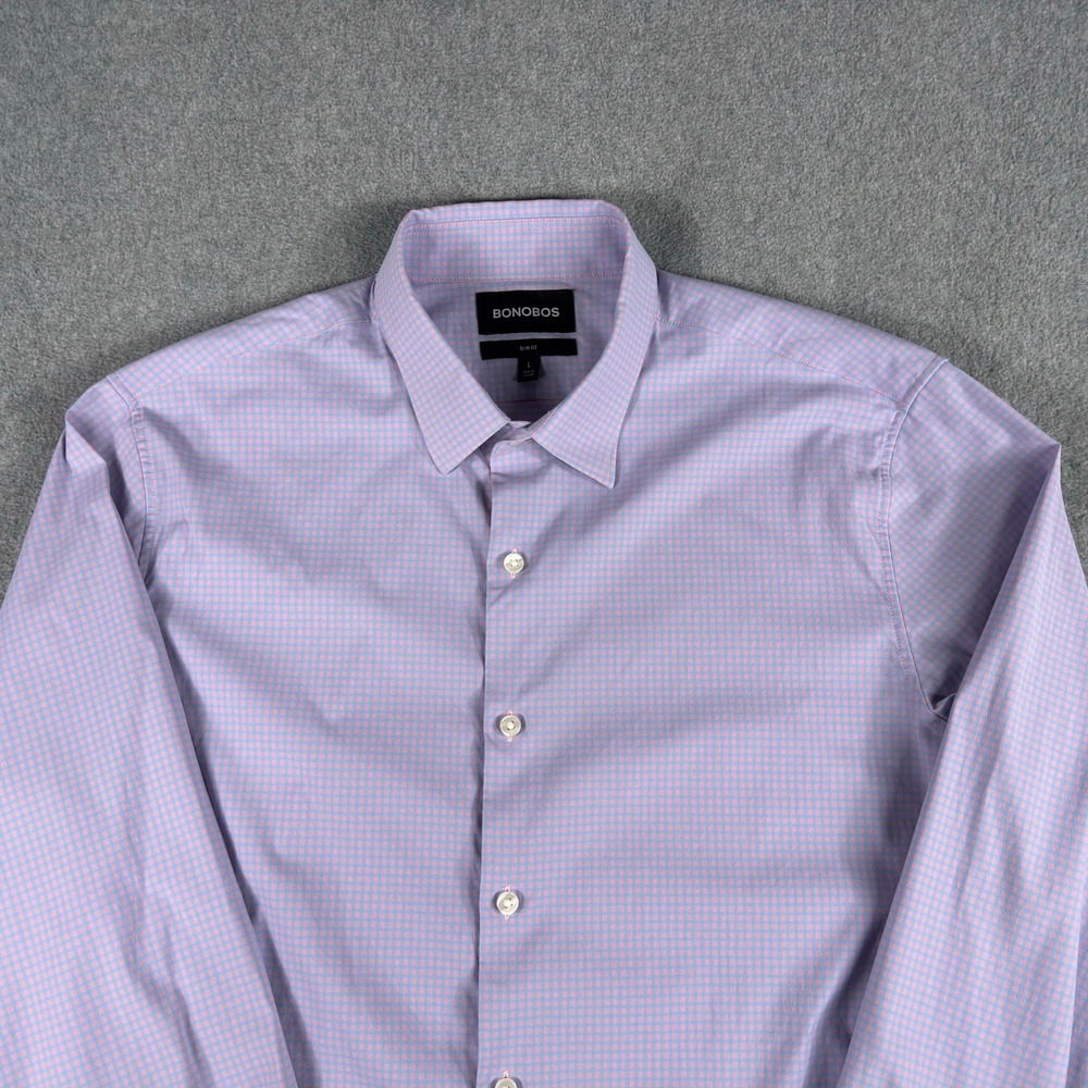 Bonobos Performance Button Shirt Men Large‎ Slim Fit Pink Blue Check Stretch
